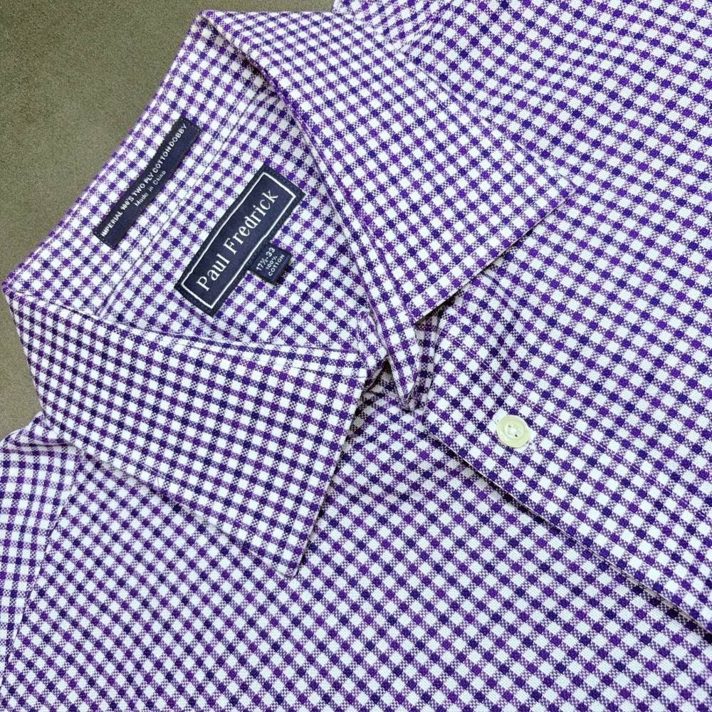 Paul Fredrick Button Down Mens 17.5 33 Purple Gingham Check Imperial 100s Cotton